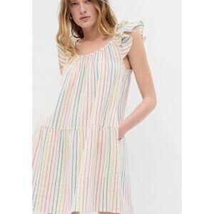 Gap Womens Flutter Sleeve Crinkle Gauze Dress SP Cream Rainbow Stripe Metallic